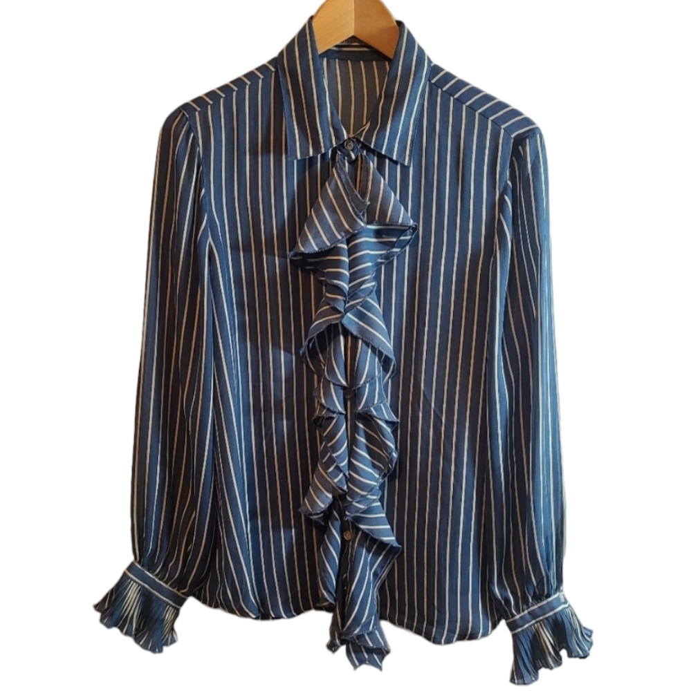 Larsen Gray Strip Ruffled Button Up Blouse
